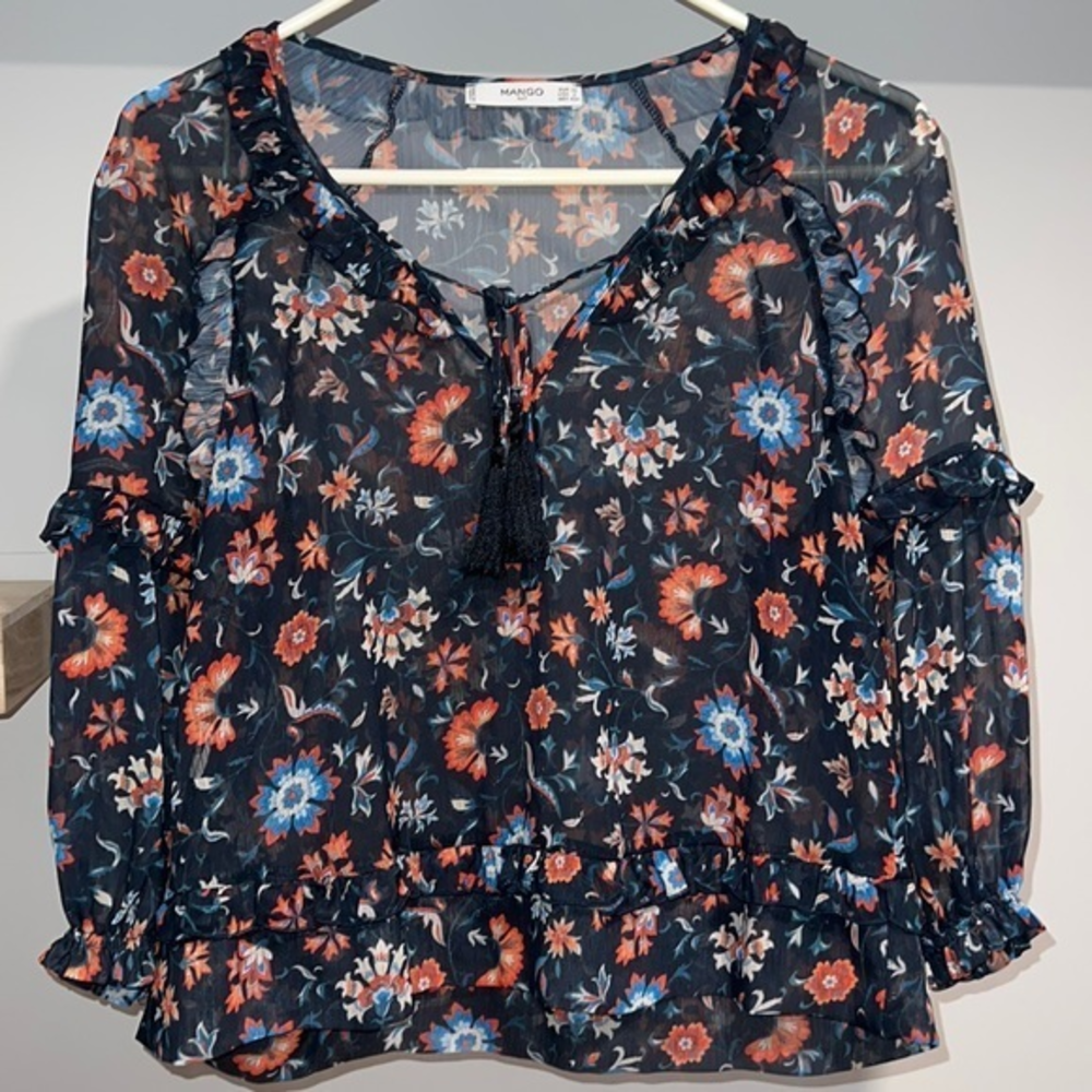 Mango blue‎ Floral sheer boho blouse
